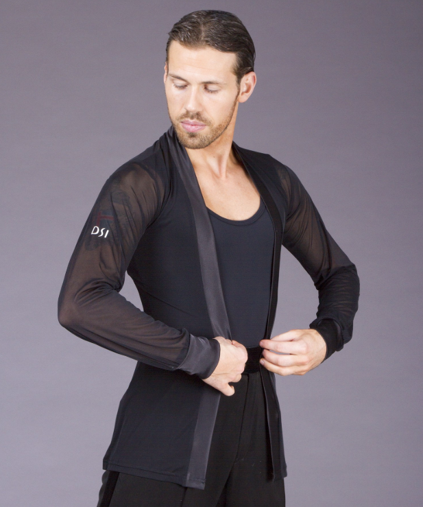 Overshirt left open with side vents, satin band and satin soft cuffs. Available in crepe, mesh or smooth velvet.  Seen here with a 4058 Black crepe vest  As part of the DSI-London Premium made to order service these menswear items can be made to order in any suitable DSI fabric and colour of your choice.