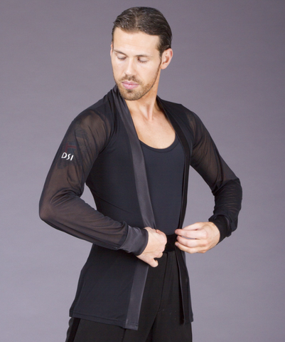 Overshirt left open with side vents, satin band and satin soft cuffs. Available in crepe, mesh or smooth velvet.  Seen here with a 4058 Black crepe vest  As part of the DSI-London Premium made to order service these menswear items can be made to order in any suitable DSI fabric and colour of your choice.