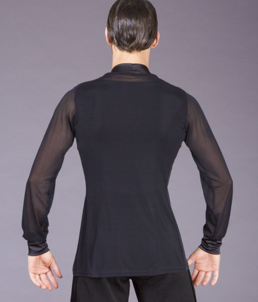 Overshirt left open with side vents, satin band and satin soft cuffs. Available in crepe, mesh or smooth velvet.  Seen here with a 4058 Black crepe vest  As part of the DSI-London Premium made to order service these menswear items can be made to order in any suitable DSI fabric and colour of your choice.