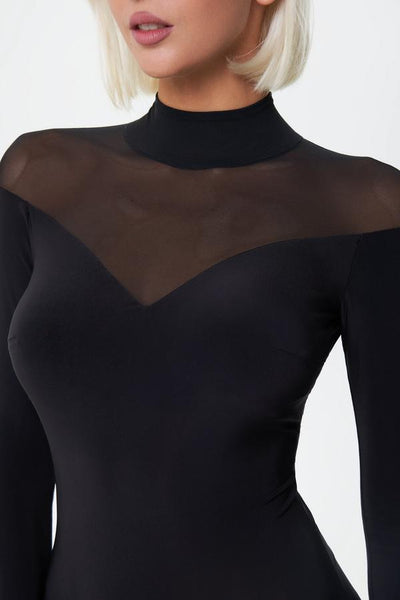 Bodysuit "Patricia" | Long Sleeve Ballroom Dance Bodysuit with Feature Mesh Neckline for Practice, Performance & DanceSport Competition