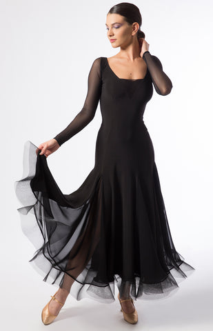 Elegant ballroom practice dress made with luxury crepe fabric, with georgette inserts, long sleeves in stretch net and full crinoline hemline.  Perfect for ballroom practice, performance and DanceSport. from dancewear for you australia