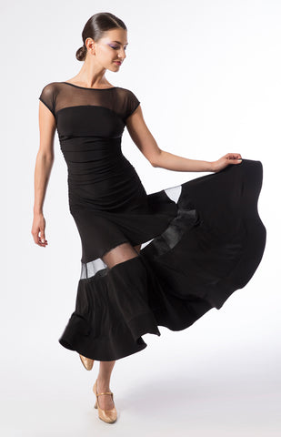 Ballroom practice dress with stretch net upper part, crinoline inserts and rouched detailing around sides with a 3/4 length skirt.  Perfect for ballroom practice, performance and DanceSport.  Made with luxury crepe from dancewear for you and sasuel design