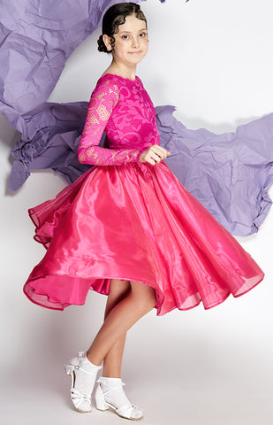 girls juvenile ballroom competition dress with long sleeve lace leotard and skirt with organza and satin with crinoline hem from dancewear for you