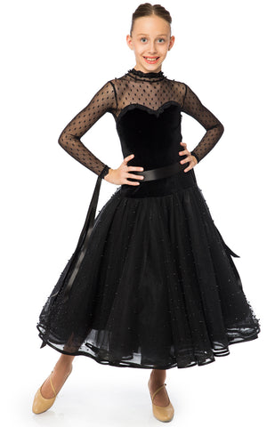 Elegant velvet and pearled tulle ballroom dress, with long sleeves and polka dots, matte pearls on the skirt, satin ribbon on sleeves and waist. The skirts length is 3/4.  Available on order in any other colour combination and size.  Made to measure upon request