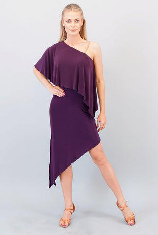 FREE Australia-wide Shipping.  Best price worldwide  A striking asymmetrical dress, with a one shoulder cape like ruffle.  Opposing diagonal lines elongate the body.  Nude strap adds extra support.  Side slits provide a full range of motion is this beautiful style.  Unlined without bodysuit.  A stunning look for latin & tango, or even for a formal night out. 