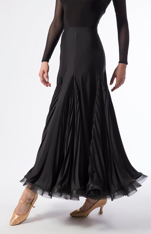ballroom skirt with pleated pearl chiffon inserts.  Wear it with a simple leotard for practice nights or a jewelled top for spectacular show.  Perfect for ballroom practice, performance and DanceSport.  Made with luxury crepe from dancewear for you australia and sasuel