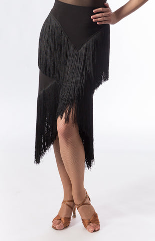 long fringe latin skirt with v shape fringe to elongate the body from dancewear for you australia and sasuel costume design
