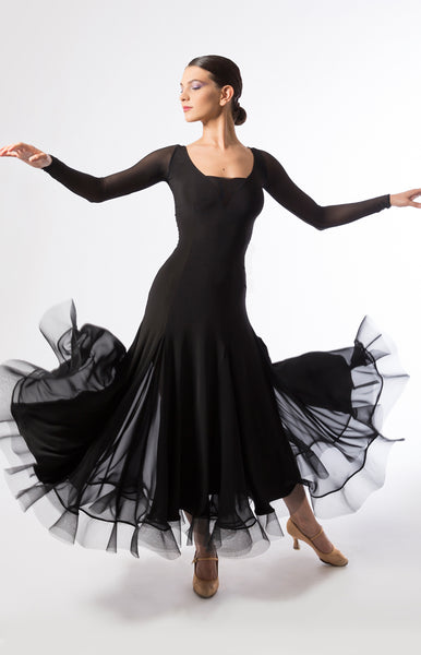 Elegant ballroom practice dress made with luxury crepe fabric, with georgette inserts, long sleeves in stretch net and full crinoline hemline.  Perfect for ballroom practice, performance and DanceSport. from dancewear for you australia