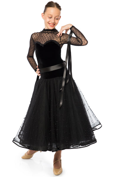 Elegant velvet and pearled tulle ballroom dress, with long sleeves and polka dots, matte pearls on the skirt, satin ribbon on sleeves and waist. The skirts length is 3/4.  Available on order in any other colour combination and size.  Made to measure upon request