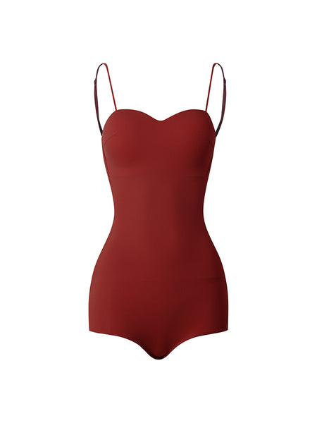 ZYM The Bodysuit 2212 in Burgundy Red | Shoestring Straps, Low Back Bodysuit with Snap Closure & Built-In Bra for Dance Practice & Shows, Daywear & Parties
