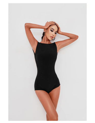 All-purpose Bodysuit take the spotlight. Open back with a thick strap will highlight your curves and provide comfort for all day practice.  The new "must have" leotard for ballroom and latin practice, competition, performance or evening wear. — Model: 169cm/49KG wearing size S