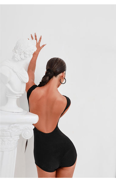 All-purpose Bodysuit take the spotlight. Open back with a thick strap will highlight your curves and provide comfort for all day practice.  The new "must have" leotard for ballroom and latin practice, competition, performance or evening wear. — Model: 169cm/49KG wearing size S