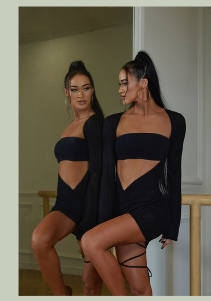 Free Australia-wide Shipping - Best price guaranteed worldwide.  This is our exquisite all-black one-piece Latin dance dress which is the epitome of elegance and versatility. Crafted with adjustable straps and drawstrings, minimalist garment can be worn on both sides, allowing you to experiment with different looks.