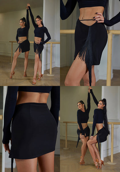 Free Australia-wide Shipping.  Best Price Worldwide.  The Latin dance mini skirt: an excellent fusion of elegance and sensuality. This captivating skirt is meticulously crafted from high-quality stretch fabric, adorned with a slanted waistline and delicate waist cut-outs, accentuating your legs with its flattering asymmetrical hemline featuring playful tassels.