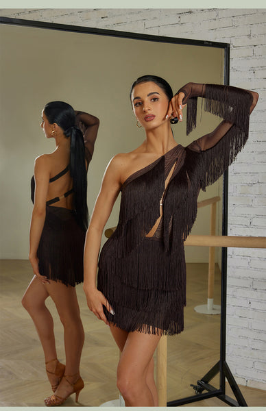 ZYM Swana Fringe Dress 2395 in Chocolate Brown