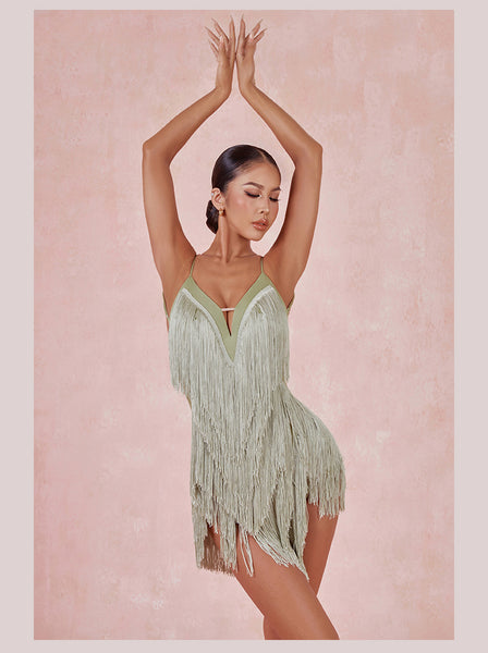 Free Australia-wide Shipping - Best Price Worldwide.  Featuring a tantalizing triangle mesh to accentuate your waist, cascading layers of fringe for added texture, and a thigh-high slit to showcase your legs, the Oasis Fringe Dress caters to every persona, from the spicy señoritas to the sweet enchantress. Perfect for Latin, Samba, Salsa Dance performance or competition.