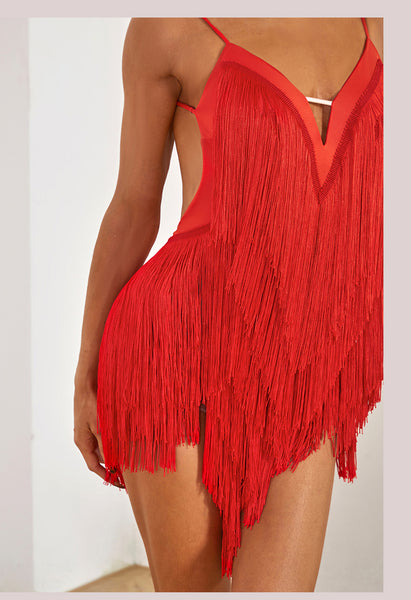 Free Australia-wide Shipping - Best Price Worldwide.  Featuring a tantalizing triangle mesh to accentuate your waist, cascading layers of fringe for added texture, and a thigh-high slit to showcase your legs, the Oasis Fringe Dress caters to every persona, from the spicy señoritas to the sweet enchantress. Perfect for Latin, Samba, Salsa Dance performance or competition.