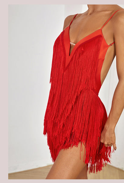 Free Australia-wide Shipping - Best Price Worldwide.  Featuring a tantalizing triangle mesh to accentuate your waist, cascading layers of fringe for added texture, and a thigh-high slit to showcase your legs, the Oasis Fringe Dress caters to every persona, from the spicy señoritas to the sweet enchantress. Perfect for Latin, Samba, Salsa Dance performance or competition.