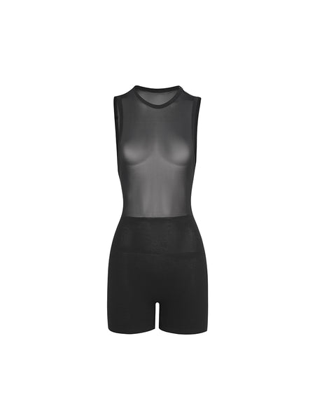 ZYM Future Vintage Bodysuit in Black 25048 | Silky Stretch Bodysuit with Sheer Mesh Top, Boyleg Shorts, Sleeveless
