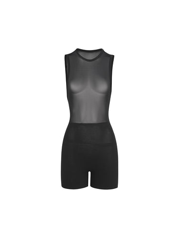 ZYM Future Vintage Bodysuit in Black 25048 | Silky Stretch Bodysuit with Sheer Mesh Top, Boyleg Shorts, Sleeveless