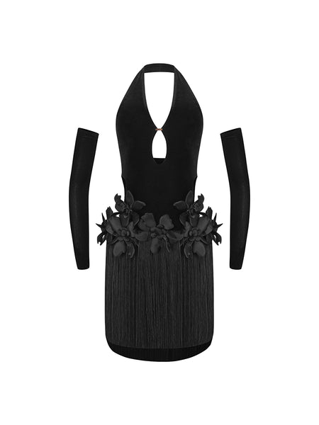 ZYM Raven Dress 25073 in Black Velvet | Sleeveless Latin Dress with Open Back, Halter Neckline, Waist/Hip Cutouts & Feature 3d Flowers, Fringe Skirt, Matching Long Gloves for Dance Performance & DanceSport Competitions