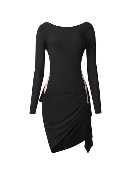 ZYM Edge Dress 25080 in Classic Black - Fitted Latin Dress with Long Sleeves & Low Back, High Side Slits, Built-in Briefs & Cups for Latin, Salsa, Samba Dance Practice, Performance, Events & DanceSport Competition