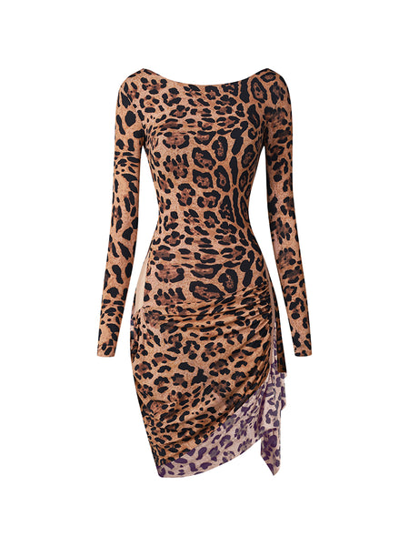 ZYM Edge Dress 25080 in Wild Leopard - Fitted Latin Dress with Long Sleeves & Low Back, High Side Slits, Built-in Briefs & Cups for Latin, Salsa, Samba Dance Practice, Performance, Events & DanceSport Competition