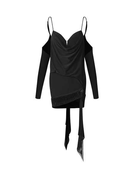 ZYM Lure Dress in Black 25081 | Short Latin Dress with Open Back, Spaghetti Straps, Open Shoulders & Sleeves with Fringe and Beads Hemline for Latin & Salsa Dance Performances & DanceSport Competitions