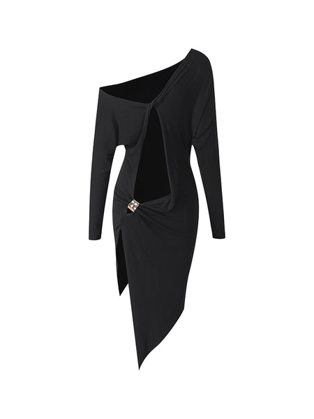 ZYM Top Dress 25087 in Classic Black - Long Sleeves, Off The Shoulder Dress with Asymmetrical Hemline for dance practice, lessons, performance, social dancing