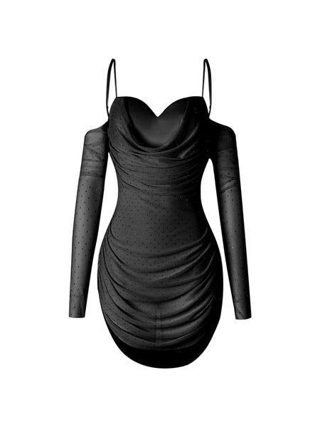 ZYM Glint Dress in Classic Black 25092 | Short Latin Dress with Open Back, Spaghetti Straps, Open Shoulders & Sleeves with Ruched Sides for Latin & Salsa Dance Performances, Evening Wear & DanceSport Competitions