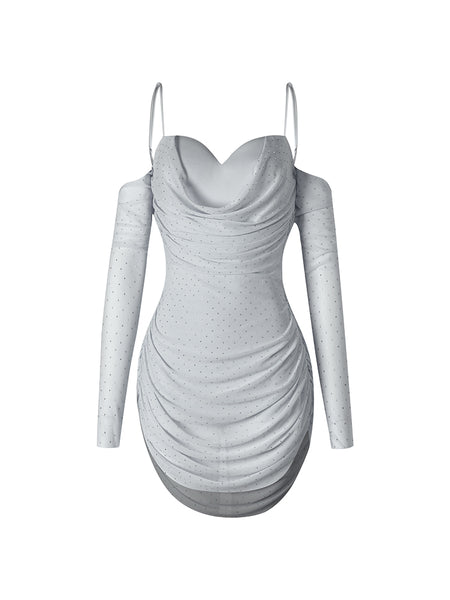 ZYM Glint Dress in Mist Blue 25092 | Short Latin Dress with Open Back, Spaghetti Straps, Open Shoulders & Sleeves with Ruched Sides for Latin & Salsa Dance Performances, Evening Wear & DanceSport Competitions