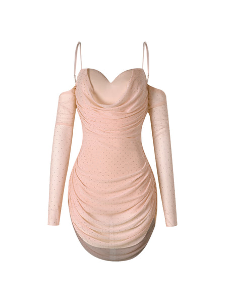 ZYM Glint Dress in Beige 25092 | Short Latin Dress with Open Back, Spaghetti Straps, Open Shoulders & Sleeves with Ruched Sides for Latin & Salsa Dance Performances, Evening Wear & DanceSport Competitions