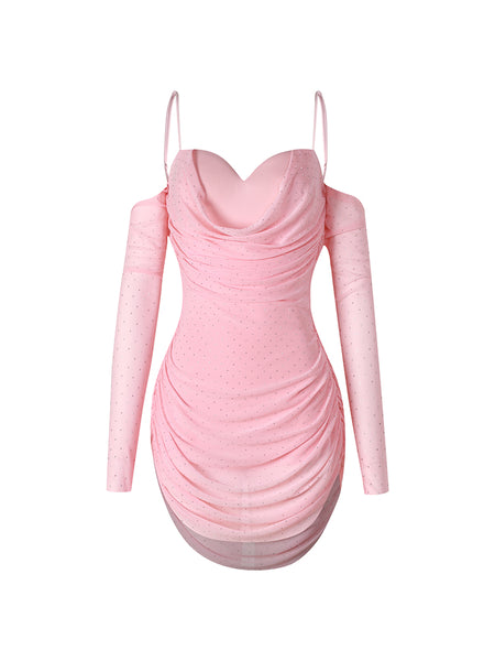 ZYM Glint Dress in Galaxy Pink 25092 | Short Latin Dress with Open Back, Spaghetti Straps, Open Shoulders & Sleeves with Ruched Sides for Latin & Salsa Dance Performances, Evening Wear & DanceSport Competitions