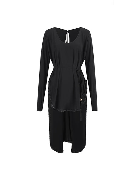 ZYM Barely Dress 25094 in Classic Black - Loose Fitting, Stretchy Dress with Long Sleeves, Sparkling Hemline & Optional Waist Tie for Dance Practice, Social Dancing & Smart Casual Evenings
