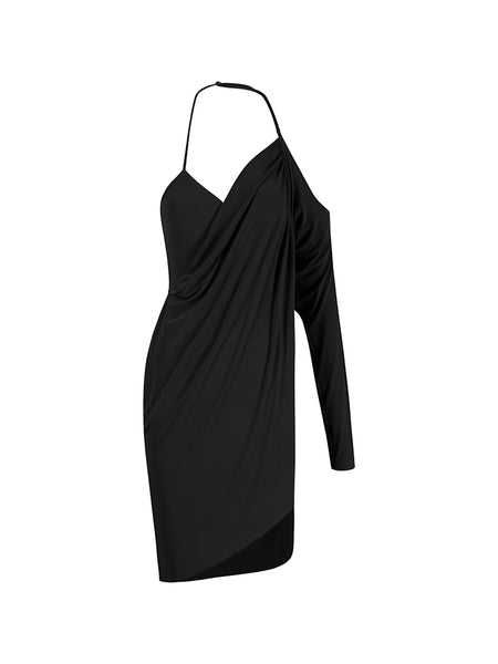 ZYM Medici Dress in Classic Black 26002 | Loose Fitting, Figure Flattering, Wrap Style Sleeveless Dress with Adjustable Halter Straps, Side Slit and Asymmetric Hemline for Latin Dance Practice & Performance