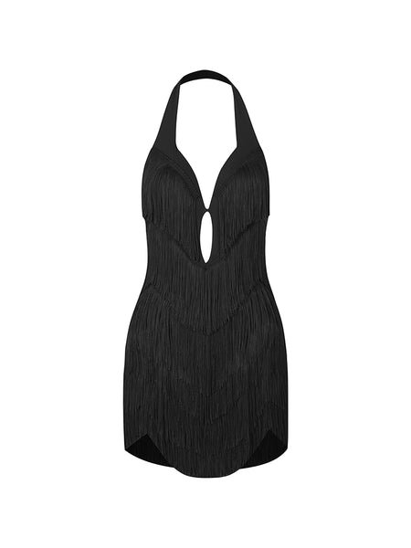 ZYM Heat Waves Fringe Dress in Black 26047 | Backless Fringe Latin Dress, Halter Neckline, Open Back, Built-In Cups & Underwear with Snap Closure for Latin, Salsa, Samba Dance Performance & DanceSport Competition