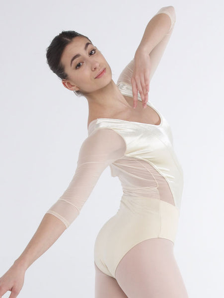 Free Australian Shipping - Best Price Delivered Worldwide from Dancewear For You.

For Ballet, Lyrical &amp; other dance styles discover this elegant, quality bodysuit with stretch velvet bodice and butterfly back closure, round neckline, 3/4 sleeves of delicate stretch net, crafted from high-tech, comfortable, breathable dance fabrics for dancers, blending tradition with modern innovation.

Design: Round, Scoop&nbsp;neckline, elegant velvet bodice, butterfly fastening on the back, and elasticated sleeves.