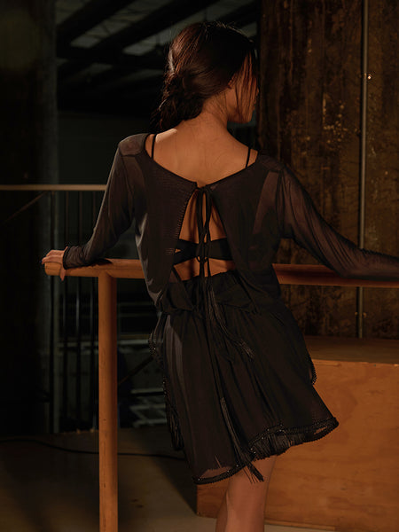 free australian shipping - worldwide delivery best price- ZYM Barely Dress 25094 in Mesh Black - Loose Fitting, Stretchy Dress with Long Sleeves, Sparkling Hemline & Optional Waist Tie for Dance Practice, Social Dancing & Smart Casual Evenings