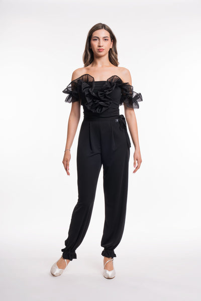 RS Atelier Alma Black Off-Shoulder Bodysuit with Ruffled Details