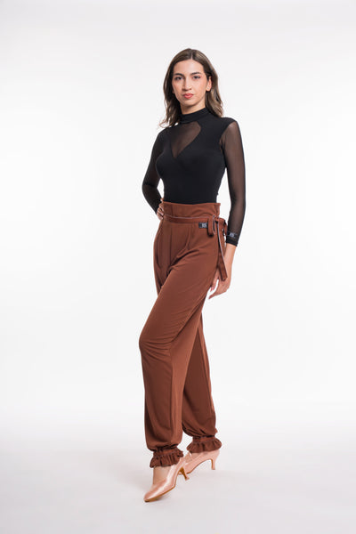 RS Atelier Allegra Black Bodysuit with Long Mesh Sleeves and Asymmetrical Mesh Neckline