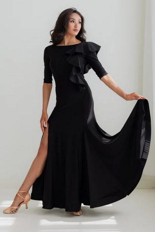 Federica Ruffle Gown in Classic Black – elegant ballroom and evening gown with cascading ruffle and 3/4 sleeves