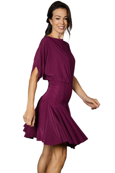 Simple Short Dress D2401 in Various Colours 3/4 Sleeves, Loose Fitting Top, Full Skirt & Back Slit for Evening Wear, Social Dancing, Dance Performance & DanceSport Competitions