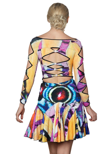 Short Lattice Dress D2403 in Various Colours: Fitted Top, Boat Neckline, Long Sleeves with Feature Rhinestones & Lattice Design on Sleeves & Back, Full Short Skirt for Evening Wear, Social Dancing, Performance & DanceSport Competitions