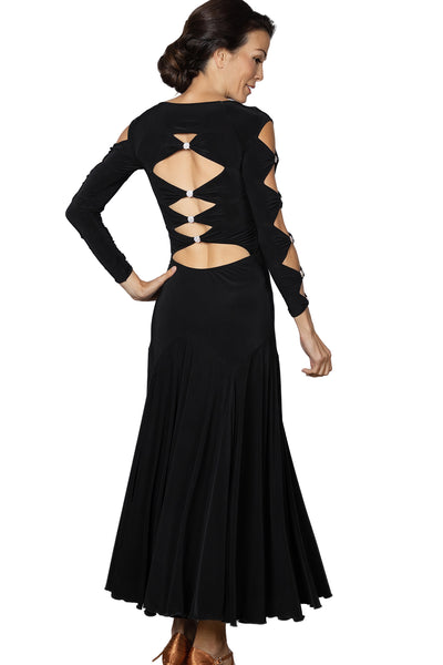 Long Lattice Dress D2404 in Various Colours: Fitted Top, Long Sleeves with Feature Rhinestones & Lattice Design on Sleeves & Back, Full Skirt for Evening Wear & Events, Social Dancing, Dance Performance & DanceSport Competitions
