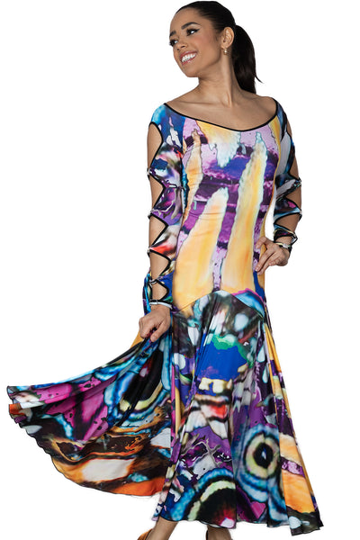 Long Lattice Dress D2404 in Various Colours: Fitted Top, Long Sleeves with Feature Rhinestones & Lattice Design on Sleeves & Back, Full Skirt for Evening Wear & Events, Social Dancing, Dance Performance & DanceSport Competitions