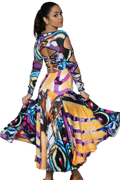 Long Lattice Dress D2404 in Various Colours: Fitted Top, Long Sleeves with Feature Rhinestones & Lattice Design on Sleeves & Back, Full Skirt for Evening Wear & Events, Social Dancing, Dance Performance & DanceSport Competitions