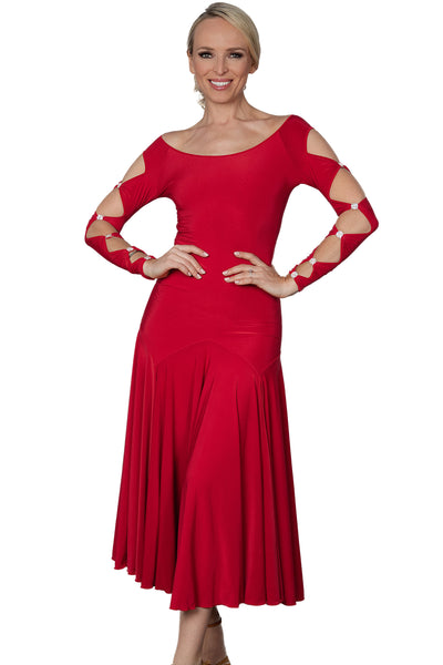 Long Lattice Dress D2404 in Various Colours: Fitted Top, Long Sleeves with Feature Rhinestones & Lattice Design on Sleeves & Back, Full Skirt for Evening Wear & Events, Social Dancing, Dance Performance & DanceSport Competitions