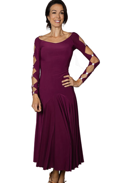 Long Lattice Dress D2404 in Various Colours: Fitted Top, Long Sleeves with Feature Rhinestones & Lattice Design on Sleeves & Back, Full Skirt for Evening Wear & Events, Social Dancing, Dance Performance & DanceSport Competitions