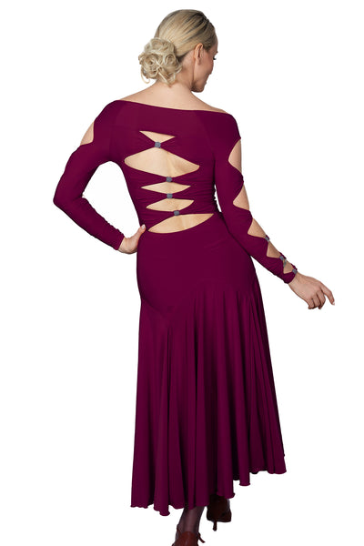 Long Lattice Dress D2404 in Various Colours: Fitted Top, Long Sleeves with Feature Rhinestones & Lattice Design on Sleeves & Back, Full Skirt for Evening Wear & Events, Social Dancing, Dance Performance & DanceSport Competitions