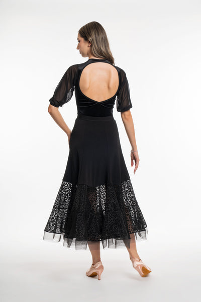 RS Atelier Peach Animalier Black Ballroom Skirt | Flocked Detail Elegant Ballroom Dance Skirt for Evening Wear, Dance Performance & Competitions